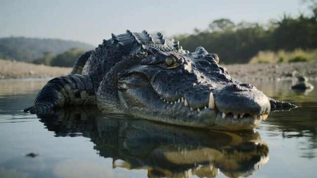 Fierce Crocodile Emerging from Water in Wild Nature Habitat
