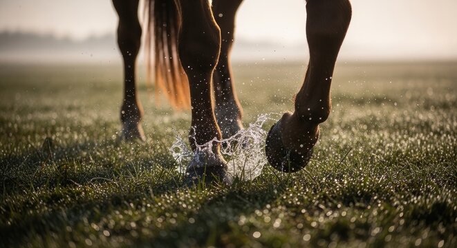 Close-up of a horses hooves splashing through wet grass in the morning light.