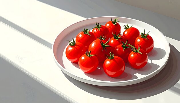 Ripe red cherry tomatoes arranged on a white plate, bathed in bright sunlight with distinct shadow patterns, emphasizing freshness and natural ingredients.