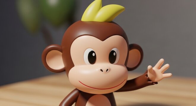 Cute cartoon monkey toy with bananas on head waving hello.