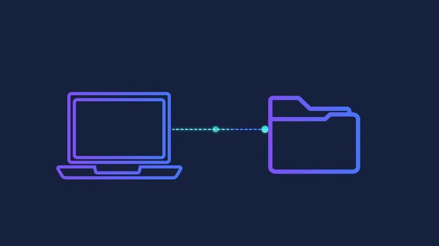Animated motion graphics of a security shield connecting to a document icon via pulsing dots. Concept of file encryption, sensitive data protection, and secure document management on dark blue.