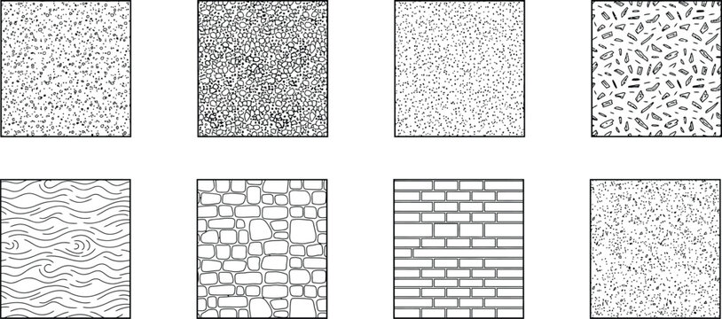 Architectural and Material Texture Pattern Set, Construction Surface Vector Symbols Collection. Landscape Architecture CAD Hatch Pattern Set Grass Water Stone Wall Texture Elements Collection