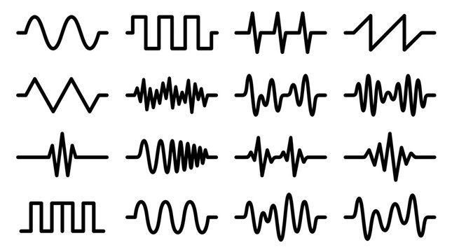 Set of various black audio wave icons and electronic signal pulses on a clean white background, symbolizing heart rate monitoring and professional digital sound engineering projects