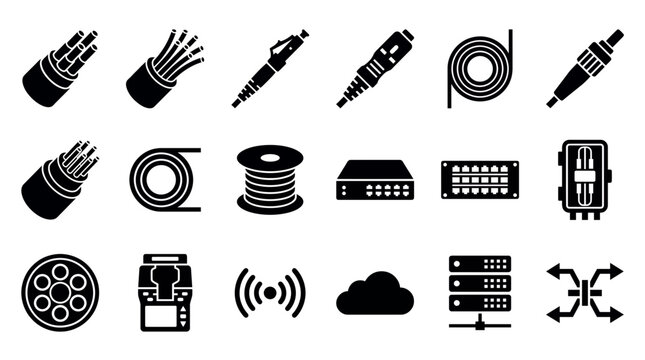 Black fiber optic technology icons set featuring cables, connectors and network equipment on white background, illustrating high-speed data infrastructure and representing telecommunication services
