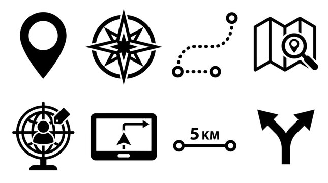 Set of flat navigation and map icons with location pin, compass, route, globe and gps tablet, symbolizing travel planning, provides essential graphics for mobile mapping applications
