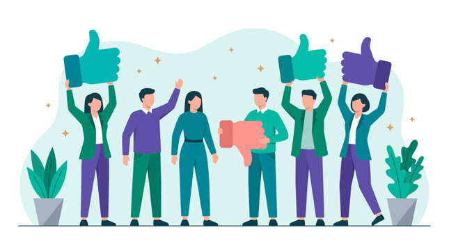 Diverse professionals holding giant thumbs up and thumbs down icons in flat illustration style, symbolizing customer feedback surveys and illustrating business reputation management