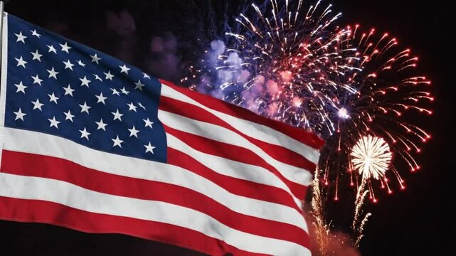 American Flag Waving with Colorful Fireworks in the Night Sky