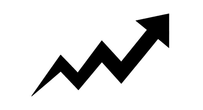 Minimal black silhouette icon, simple flat vector, bold black shape, no, no shading black zigzag upward trend arrow on a, flat icon style