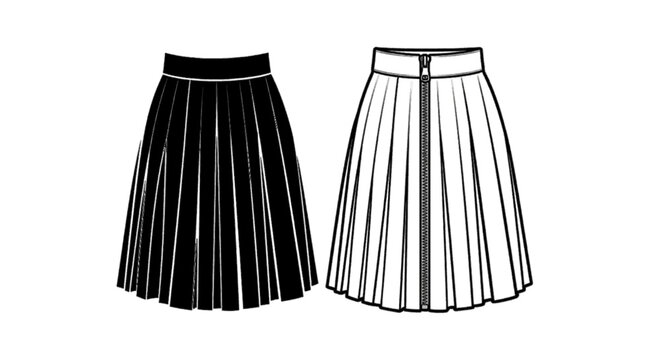 Minimal black silhouette icon, simple flat vector, bold black shape, no, no shading black and white pleated skirts with front zipper on a, flat icon style
