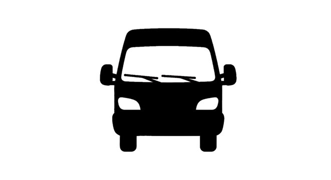 Minimal black silhouette icon, simple flat vector, bold black shape, no, no shading silhouette of a commercial van front view on a, flat icon style