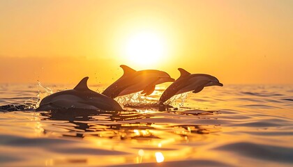 Fototapeta premium Pod of dolphins leaping from ocean surface at sunset, golden sun low on horizon, warm golden hour light reflecting on water, dynamic marine wildlife action
