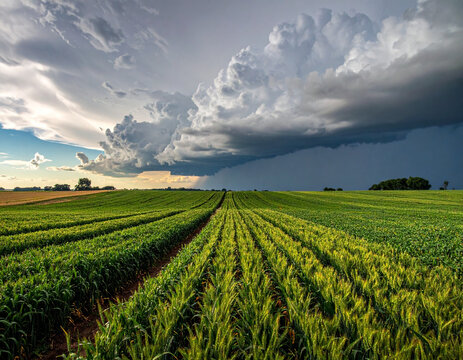 Groen veld en een dramatische bewolkte hemel