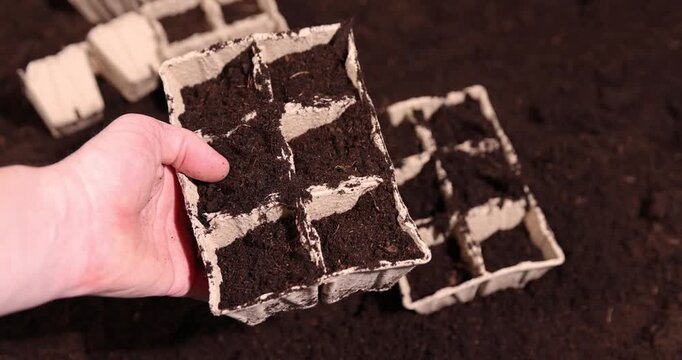 cardboard pots filled with earth for seedlings scattered in a field with fertile brown soil, disposable cups for seedlings in spring filled with soil mixed with humus and peat