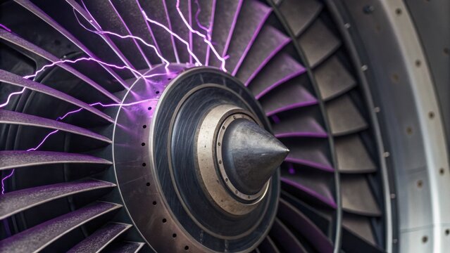 Close-up of a jet engine turbine with purple lighting highlighting the intricate curved blades and central cone.
