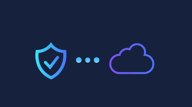 Animated motion graphics of a security shield connecting to a data server rack via pulsing dots. Concept of database protection, server security, and secure network hosting on dark blue.