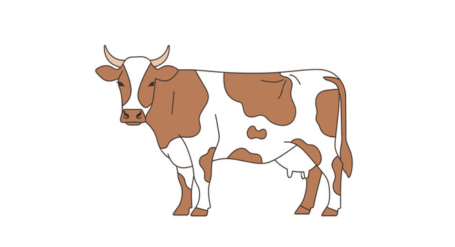 Brown and white cow standing profile view.