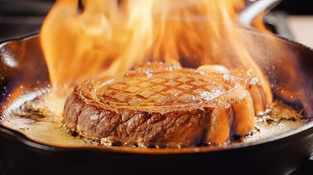 Juicy Ribeye Steak Sizzling and Flaming in a Cast Iron Skillet.