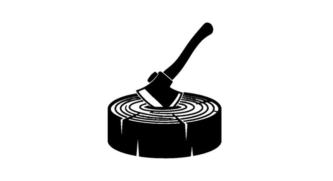 Minimal black silhouette icon, simple flat vector, bold black shape, no, no shading a black silhouette of an axe embedded in a wooden log on a, flat icon style