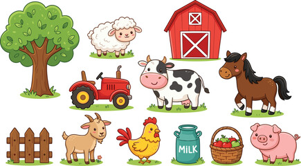 Obraz premium Cute Farm Animals and Agriculture Elements Collection with Cow Horse Sheep Pig Chicken Tractor Barn Tree Milk Basket Cartoon Vector Set
