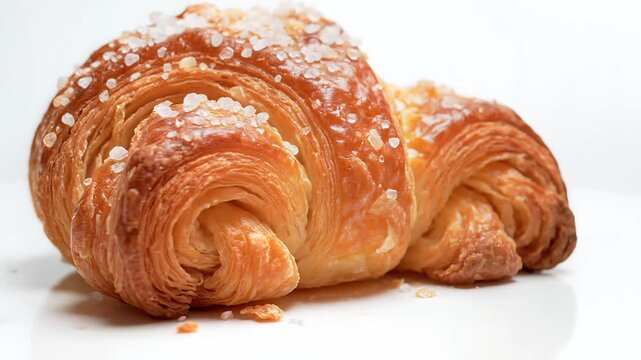 Delicious golden croissant with sugar crystals on a white background.