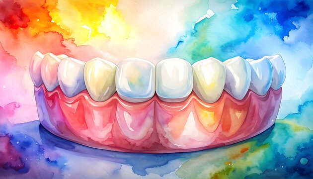 Row of healthy white and yellowed teeth in dentures against a vibrant watercolor splash background, concept for dental care and oral hygiene