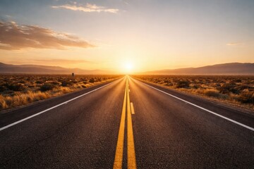 Fototapeta premium A long stretch of road leads into the distance as the sun rises over a dry, empty landscape. The new day starts with bright sunlight and clear skies.