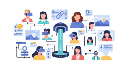 Fototapeta premium People wearing VR headsets connected to central holographic fountain