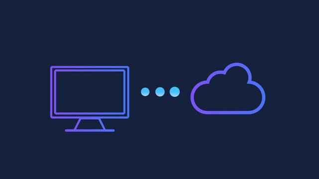 Animated motion graphics showing a desktop computer monitor icon connecting to a digital cloud via pulsing dots. Conceptualizing cloud computing, remote data hosting, and online backup services.
