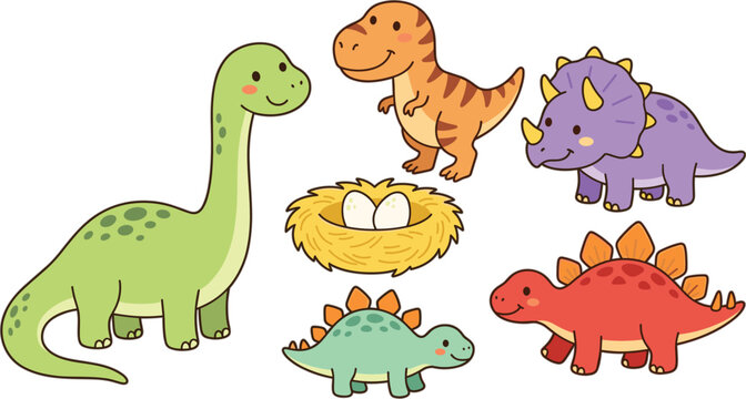 Cute Dinosaur Cartoon Collection with T Rex Triceratops Stegosaurus Brontosaurus and Eggs Nest Colorful Kawaii Style Vector Illustration Set