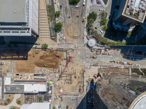 Top Down (Nadir) Aerial View Of Urban Subway Station Construction And Infrastructure