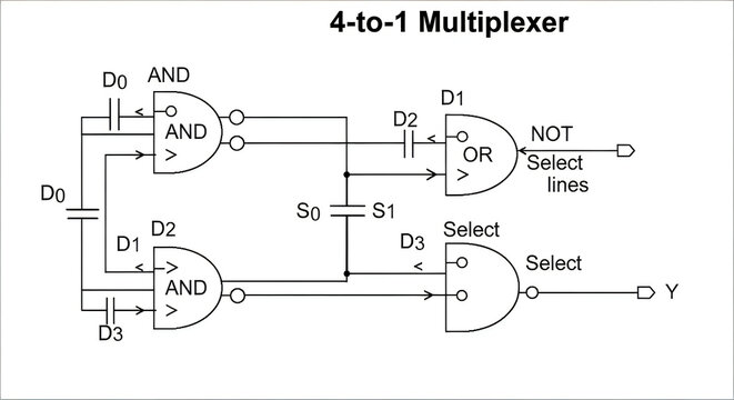 A 4-to-1 multiplexer circuit diagram with and or gates