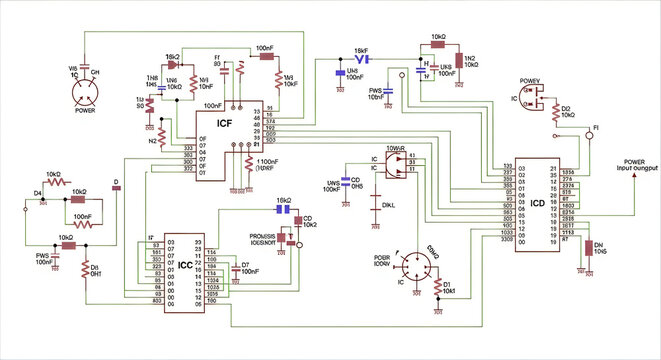 Electronic circuit diagram with various components and connections