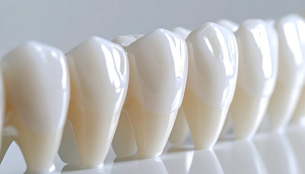 Row of perfect white dental crowns, shining ceramic teeth arranged in a line, closeup on white surface, studio lighting