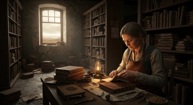 Woman bookbinder working on vintage tome in ancient library studio
