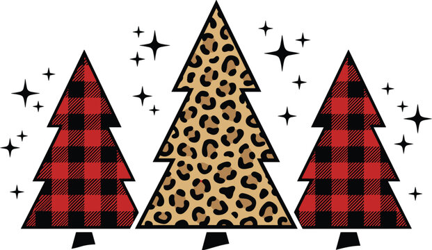 Christmas Tree Set with Buffalo Plaid and Leopard Print Patterns Festive Holiday Decoration Illustration Rustic Winter Design Vector