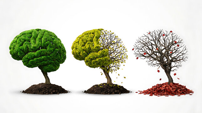 Three brain shaped trees representing the stages of cognitive health and mental decline from vibrant growth to memory loss
