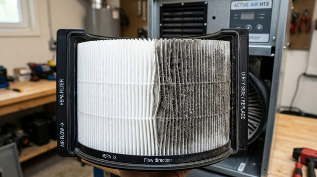 Air purifier filter replacement dirty filter clean filter hepa filter air filter dust accumulation indoor air filtration system home appliance close up filter cartridge pleated filter gray dust