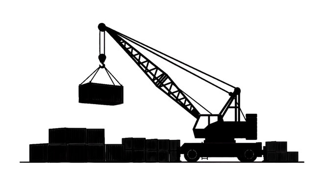Minimal black silhouette icon, simple flat vector, bold black shape, no, no shading silhouette of a mobile crane lifting a shipping container on a, flat icon style