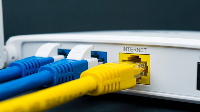 Network router shows blue and yellow cables plugged into it. The yellow cable connects to the internet port. This setup is for home internet service and data connectivity
