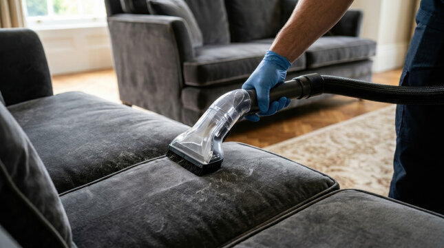 Vacuum cleaning gray sofa upholstery in living room with gloved hand and extractor tool