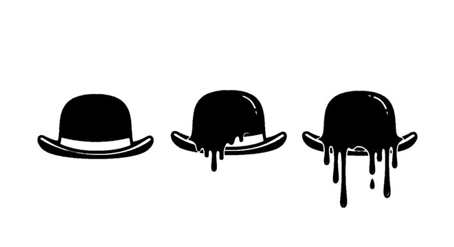 Minimal black silhouette icon, simple flat vector, bold black shape, no, no shading three bowler hats in different stages of melting on a, flat icon style