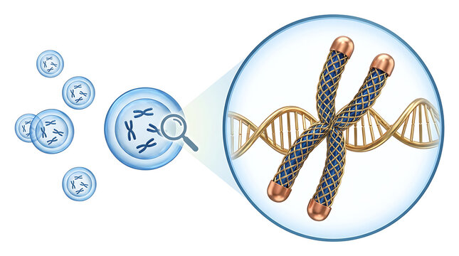 Genetic research and biotechnology concept showing a magnifying glass zooming into a cell to reveal a detailed chromosome structure and DNA double helix.