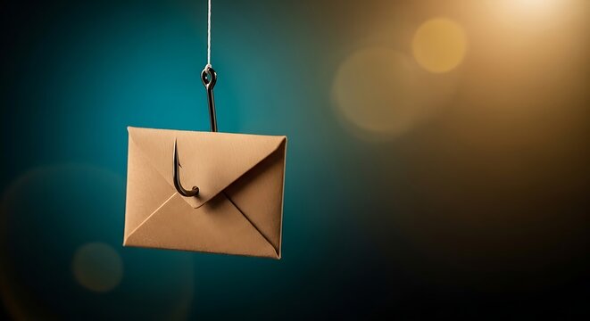Hanging paper envelope against sunset sky background