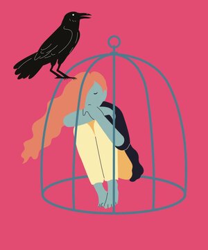 a bird on top of a birdcage