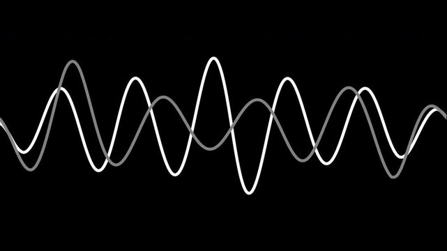 Animated white and grey sine waves crossing and oscillating on a solid black background. A seamless looped flat design element for scientific research, technology interfaces, signal data visualization