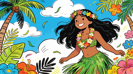 Happy Hawaiian Hula Dancer in Tropical Paradise with Flowers and Palm Trees © Myint