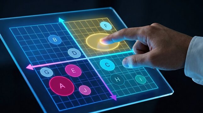 SWOT analysis, data visualization, business strategy, digital interface, market research, strategic planning, futuristic technology. Hand touching a glowing matrix for analytics.