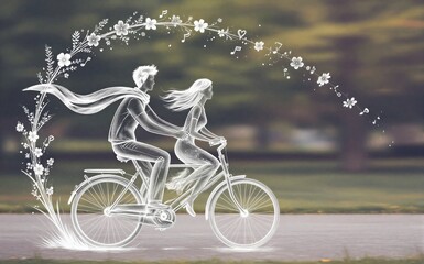 Fototapeta premium A couple rides a tandem bike surrounded by flowers and music notes.