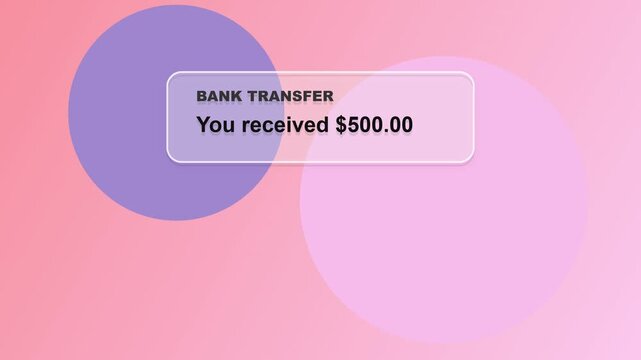Digital Bank Transfer Message Showing Received Five Hundred Dollars Payment on Modern Pink and Purple Pastel Background