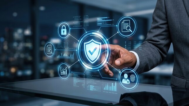 Cybersecurity, compliance, data protection, digital security, network safety, information technology, business professional using a futuristic dashboard for secure digital assets.